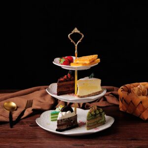 Jusalpha® Elegant Embossed 3-tier Ceramic Cake Stand- Cupcake Stand- Tea Party Pastry Serving Platter in Gift Box and a Free Sugar Tong (FL-Stand 03)