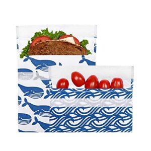 lunchskins reusable 2 piece food storage bag set, 1 sandwich bag + 1 snack bag, blue whale