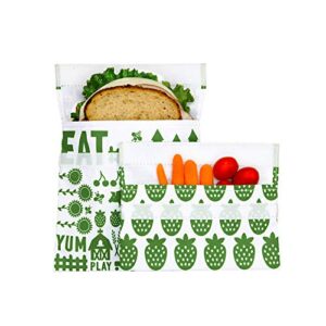 lunchskins reusable 2 piece food storage bag set, 1 sandwich bag + 1 snack bag, green farm
