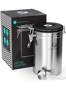 coffee gator stainless steel coffee grounds and beans container canister with date-tracker, co2-release valve and measuring scoop - large, 22oz, silver