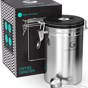 Coffee Gator Stainless Steel Coffee Grounds and Beans Container Canister with Date-Tracker, CO2-Release Valve and Measuring Scoop - Large, 22oz, Silver