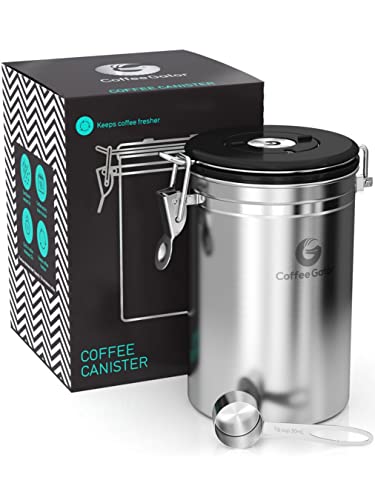 Coffee Gator Stainless Steel Coffee Grounds and Beans Container Canister with Date-Tracker, CO2-Release Valve and Measuring Scoop - Large, 22oz, Silver