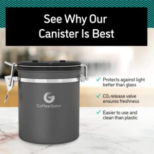 Coffee Gator Stainless Steel Coffee Grounds and Beans Container Canister with Date-Tracker, CO2-Release Valve and Measuring Scoop - Large, 22oz, Silver