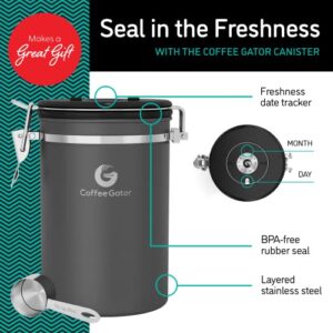 Coffee Gator Stainless Steel Coffee Grounds and Beans Container Canister with Date-Tracker, CO2-Release Valve and Measuring Scoop - Large, 22oz, Silver