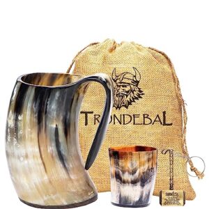 trondebal viking drinking horn mug, 15-20 oz natural ox horn cup & cofee stein | cool unique gift for men and women, home decor accessories | shot glasses for beer, ale, mead, whiskey