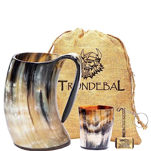 Trondebal Viking Drinking Horn Mug, 15-20 Oz Natural Ox Horn Cup & Cofee Stein | Cool Unique Gift for Men and Women, Home Decor Accessories | Shot Glasses for Beer, Ale, Mead, Whiskey