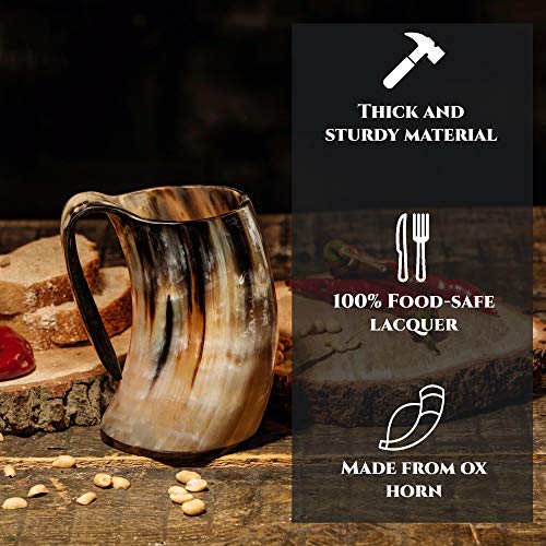 Trondebal Viking Drinking Horn Mug, 15-20 Oz Natural Ox Horn Cup & Cofee Stein | Cool Unique Gift for Men and Women, Home Decor Accessories | Shot Glasses for Beer, Ale, Mead, Whiskey