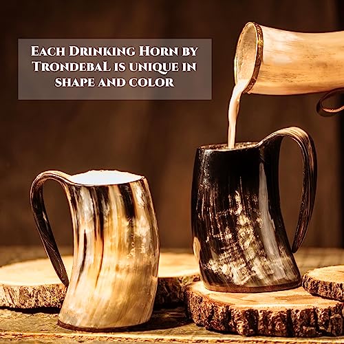 Trondebal Viking Drinking Horn Mug, 15-20 Oz Natural Ox Horn Cup & Cofee Stein | Cool Unique Gift for Men and Women, Home Decor Accessories | Shot Glasses for Beer, Ale, Mead, Whiskey