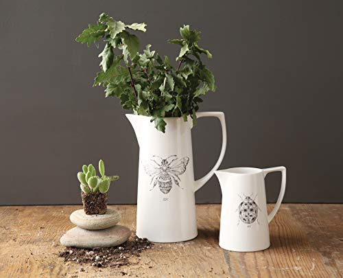 Creative Co-Op White Ceramic Pitcher with Bee Image