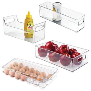 mdesign plastic kitchen pantry cabinet, refrigerator, freezer food storage organizer bin - for fruit, drinks, snacks, eggs, pasta - combo includes bins, condiment caddy, egg holder - set of 4 - clear