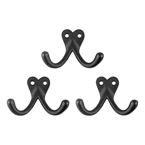 Renovators Supply Bathroom Hooks 2 in. Black Cast Iron Wall Mount Double Hooks for Hanging Robe, Towel, Hat, with Mounting Hardware Pack of 3