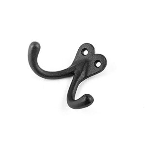 Renovators Supply Black Cast Iron Coat Double Hook Decorative Robe Wall Mount Hanger Hooks for Hat or Jacket Holder Rust Resistant Powder Coated Utility Storage Hooks with Hardware Pack of 5