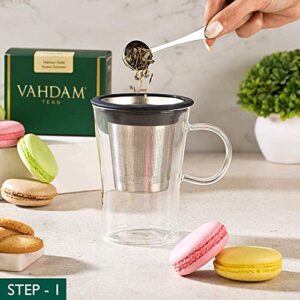 VAHDAM, Sparkle-Glass , 16 oz , Tea Cup with Infuser and Lid , Scratch Resistant, Microwave Safe Tea Steeper, Tea Mug with Lid , tea infuser Mug, Loose Leaf