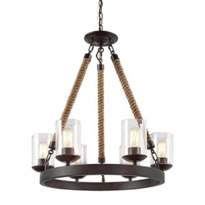 lnc farmhouse chandelier, round wagon wheel 6-light fixture with clear glass shades for dining room, living room, bedroom, kitchen island and foyer