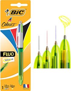 bic 4 colours fluo ballpoint pen black, blue, red and fluorescent yellow ink colours 1 pack