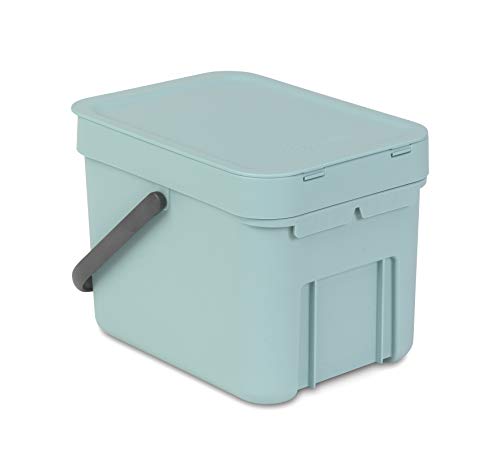 Brabantia Sort & Go Food Waste Trash Can (1.6 Gal / Mint) Small Countertop Kitchen Compost Caddy with Handle & Removable Lid, Easy Clean, Fixtures Included for Wall/Cupboard Mounting