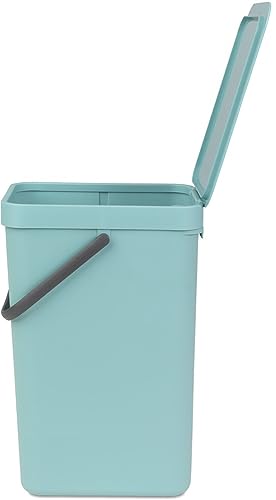 Brabantia Sort & Go Kitchen Recycling Can (4.2 Gal / Mint) Stackable Waste Organiser with Handle & Removable Lid, Wall/Cupboard Mounting