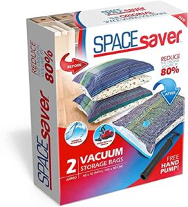 spacesaver vacuum storage bags (jumbo 2 pack) save 80% on clothes storage space - vacuum sealer bags for comforters, blankets, bedding, clothing - compression seal for closet storage. pump for travel.