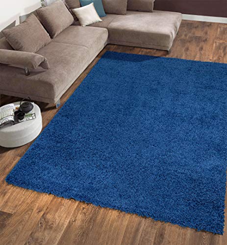 Sweethome Stores Cozy Collection Plush Luxurious Solid Navy Solid Design (5' X 7') Shag Living Room & Bedroom Area Rug