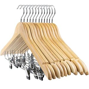 tosnail 12-pack wooden pant hanger, wooden suit hangers with steel clips and hooks, natural wood collection skirt hangers, standard clothes hangers