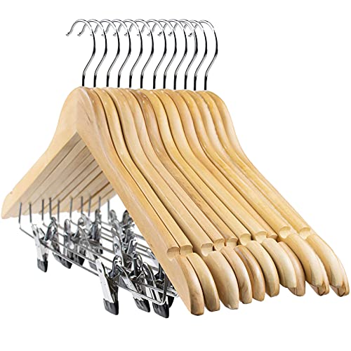 Tosnail 12-Pack Wooden Pant Hanger, Wooden Suit Hangers with Steel Clips and Hooks, Natural Wood Collection Skirt Hangers, Standard Clothes Hangers