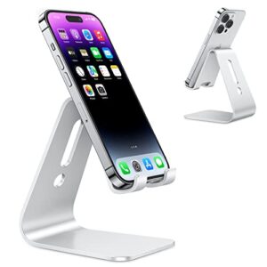 omoton upgraded aluminum cell phone stand, c1 durable cellphone dock with protective pads, smart stand designed for iphone 14 plus, 14/13/12/11 pro max xr xs, ipad mini, android phones, silver