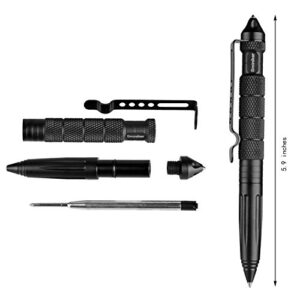 Sminiker Professional Defender Tactical Pen With 6 Ink Refills Aircraft Aluminum Self Defense Pen With Glass Breaker Writing Multifunctional Survival Tool (Black)