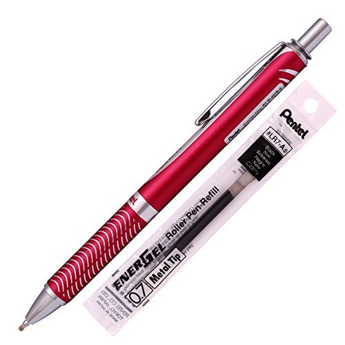 Pentel Energel Alloy RT Gel Pen Medium Point Metal Tip Ballpoint Pen Black ink + Refill (Red Body)