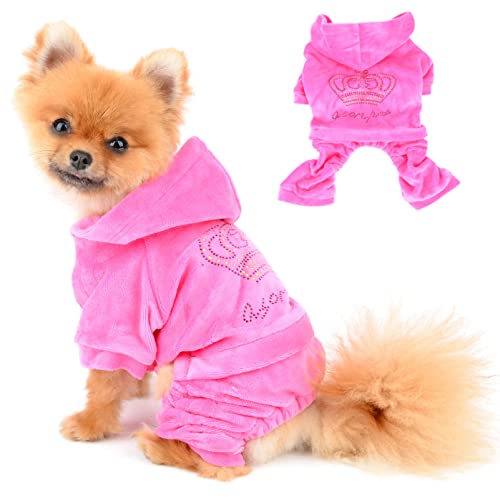 SELMAI Dog Hoodies Jumpsuit for Small Dog Cat Puppy Rhinestone Crown Soft Velvet Winter Hooded Pajamas Tracksuit Outfits Sportswear Jacket with Hat Training Outdoor Pink XS