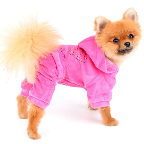 SELMAI Dog Hoodies Jumpsuit for Small Dog Cat Puppy Rhinestone Crown Soft Velvet Winter Hooded Pajamas Tracksuit Outfits Sportswear Jacket with Hat Training Outdoor Pink XS