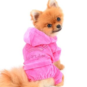 SELMAI Dog Hoodies Jumpsuit for Small Dog Cat Puppy Rhinestone Crown Soft Velvet Winter Hooded Pajamas Tracksuit Outfits Sportswear Jacket with Hat Training Outdoor Pink XS