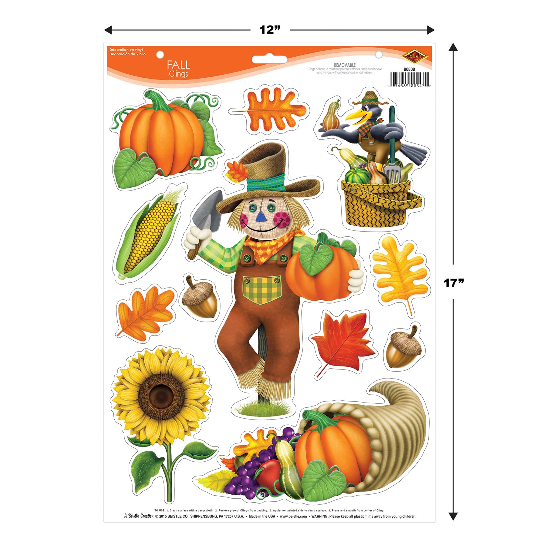 Beistle 90808 12-Piece Fall Thanksgiving Clings-1 Sheet, 12" x 17", Multicolor