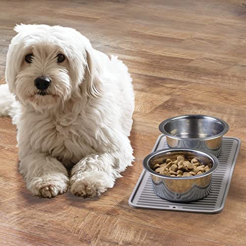 mDesign Premium Quality Square Pet Food and Water Bowl Feeding Mat for Dogs and Cats, Waterproof Non-Slip Durable Silicone Placemat - Food Safe - Small, Linelle Collection - Gray