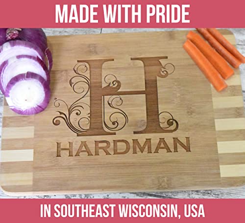 Brew City Engraving - Monogram Letter Bamboo Cutting Board Personalized & Laser Engraved Name; Present for Birthdays Housewarmings Client Gifts Weddings Anniversaries Parents Couples & Friends