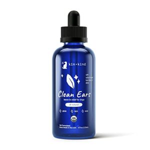 kin+kind organic ear cleaner for dogs - made in the usa - easy to use & mess-free dog ear drops for wax, odor, & itchy dog ears w/witch hazel, tea tree oil, & aloe vera - ear wash for dogs(4 fl oz)