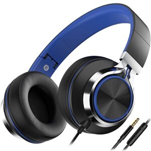 ailihen c8 headphones wired with microphone and volume control folding lightweight headset for cellphones tablets chromebook smartphones laptop computer pc mp3/4 (black/blue)