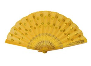 feng shui import colorful peacock pattern sequin fabric hand fan (yellow)
