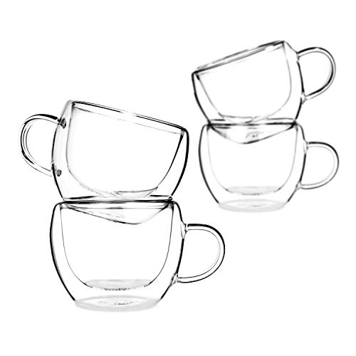 Tealyra - UNIVERSE 8-ounce - Set of 4 - Double Wall Glasses With Handle - Espresso Coffee - Tea - Cappuccino - Clear Cups - Heatproof Insulating - Keeps Beverages Hot - 230ml