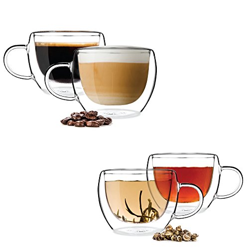 Tealyra - UNIVERSE 8-ounce - Set of 4 - Double Wall Glasses With Handle - Espresso Coffee - Tea - Cappuccino - Clear Cups - Heatproof Insulating - Keeps Beverages Hot - 230ml