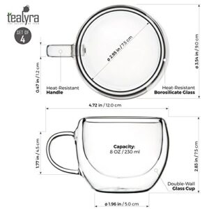 Tealyra - UNIVERSE 8-ounce - Set of 4 - Double Wall Glasses With Handle - Espresso Coffee - Tea - Cappuccino - Clear Cups - Heatproof Insulating - Keeps Beverages Hot - 230ml