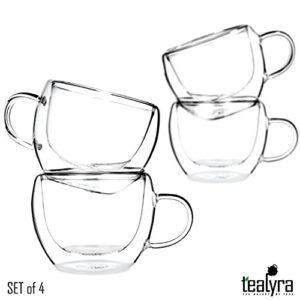 Tealyra - UNIVERSE 8-ounce - Set of 4 - Double Wall Glasses With Handle - Espresso Coffee - Tea - Cappuccino - Clear Cups - Heatproof Insulating - Keeps Beverages Hot - 230ml