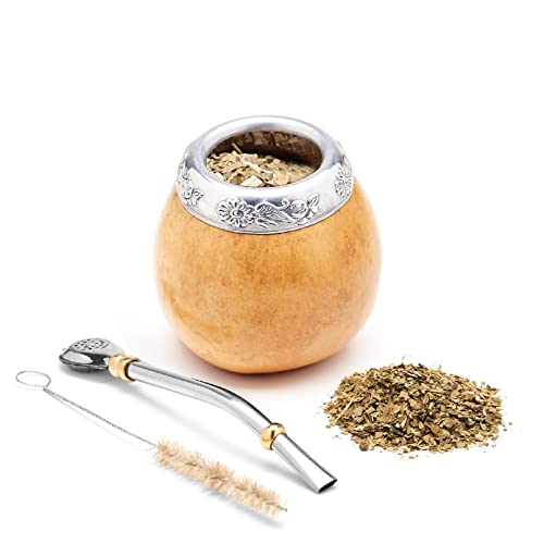 BALIBETOV Yerba Mate Gourd Set (Original Natural Handmade Yerba Mate Cup Argentina) - Includes Mate Tea Cup, Bombilla (Yerba Mate Straw) and Clean Brush - Classic Mate Cup and Bombilla Set (Suela)