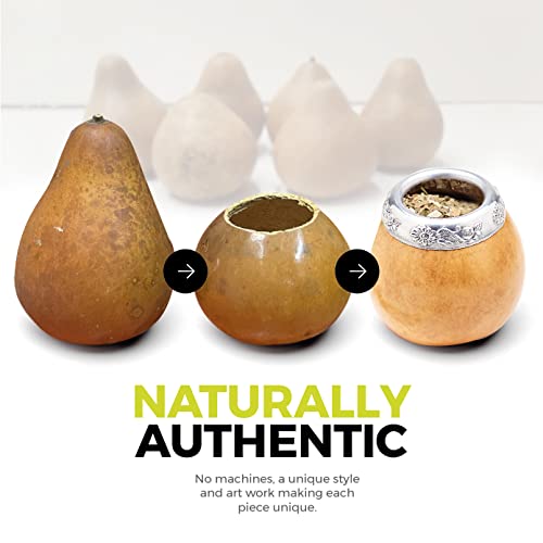 BALIBETOV Yerba Mate Gourd Set (Original Natural Handmade Yerba Mate Cup Argentina) - Includes Mate Tea Cup, Bombilla (Yerba Mate Straw) and Clean Brush - Classic Mate Cup and Bombilla Set (Suela)