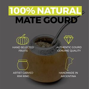 BALIBETOV Yerba Mate Gourd Set (Original Natural Handmade Yerba Mate Cup Argentina) - Includes Mate Tea Cup, Bombilla (Yerba Mate Straw) and Clean Brush - Classic Mate Cup and Bombilla Set (Suela)