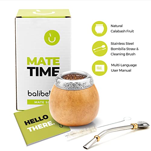 BALIBETOV Yerba Mate Gourd Set (Original Natural Handmade Yerba Mate Cup Argentina) - Includes Mate Tea Cup, Bombilla (Yerba Mate Straw) and Clean Brush - Classic Mate Cup and Bombilla Set (Suela)
