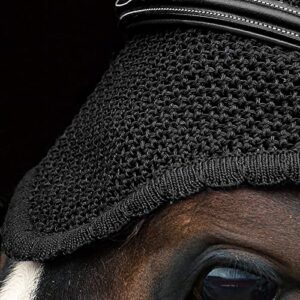 HORZE Supreme Silent Ear Net, Crochet Bonnet with Neoprene Ear Covers, Sound Dampening, Fly Protection for Sensitive Horses - Black (Horse)