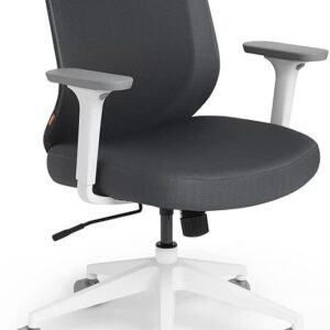 Poppin Mid Back Max Task Chair - Dark Gray Cushions + White Frame, Curvy Mesh Backrest, Adjustable Recliner, Armrest and Height Settings, 5 Caster Wheels for Easy Movement