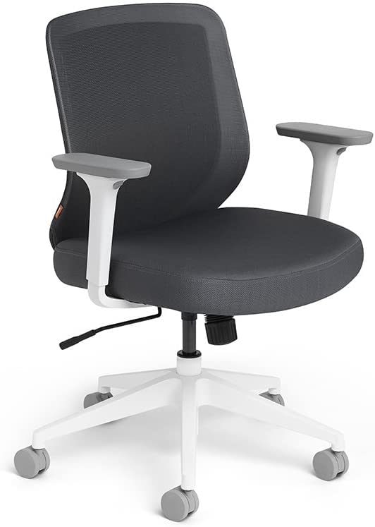 Poppin Mid Back Max Task Chair - Dark Gray Cushions + White Frame, Curvy Mesh Backrest, Adjustable Recliner, Armrest and Height Settings, 5 Caster Wheels for Easy Movement