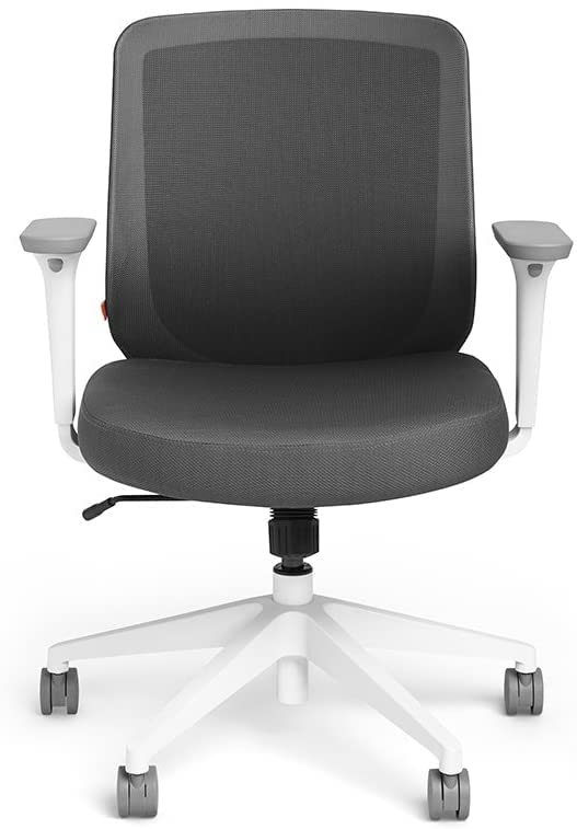 Poppin Mid Back Max Task Chair - Dark Gray Cushions + White Frame, Curvy Mesh Backrest, Adjustable Recliner, Armrest and Height Settings, 5 Caster Wheels for Easy Movement