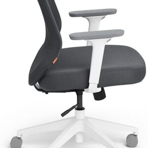 Poppin Mid Back Max Task Chair - Dark Gray Cushions + White Frame, Curvy Mesh Backrest, Adjustable Recliner, Armrest and Height Settings, 5 Caster Wheels for Easy Movement